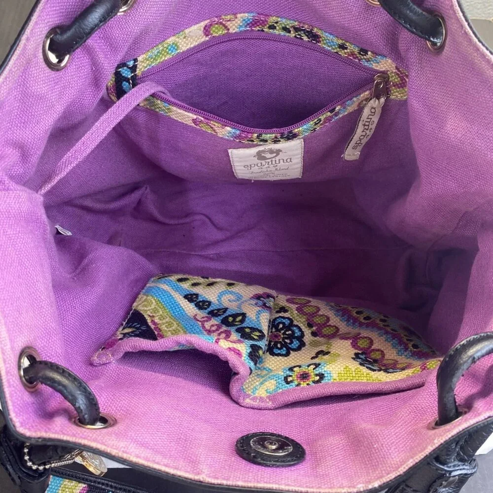 Spartina 449 Floral Multicolor Linen‎ Fabric with Black Leather Trim Tote Bag